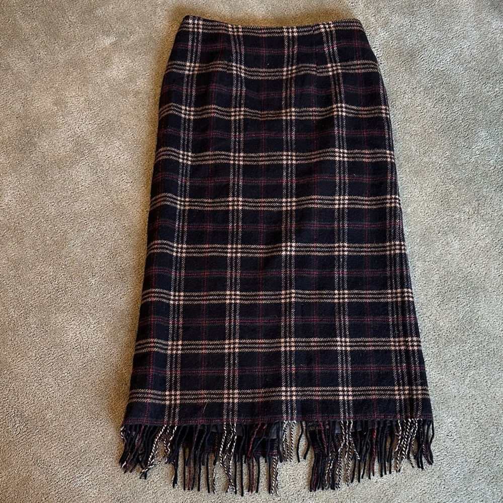 Vintage 90’s 100% Wool Plaid Midi Skirt with Fringe Bottom Size Small